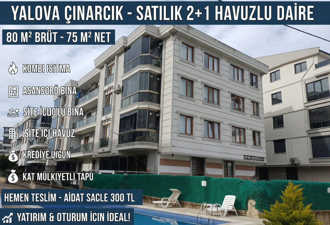 Yalova Çınarcık Teşvikiye’de Havuzlu Sitede Köşe 2+1 Satılık Daire